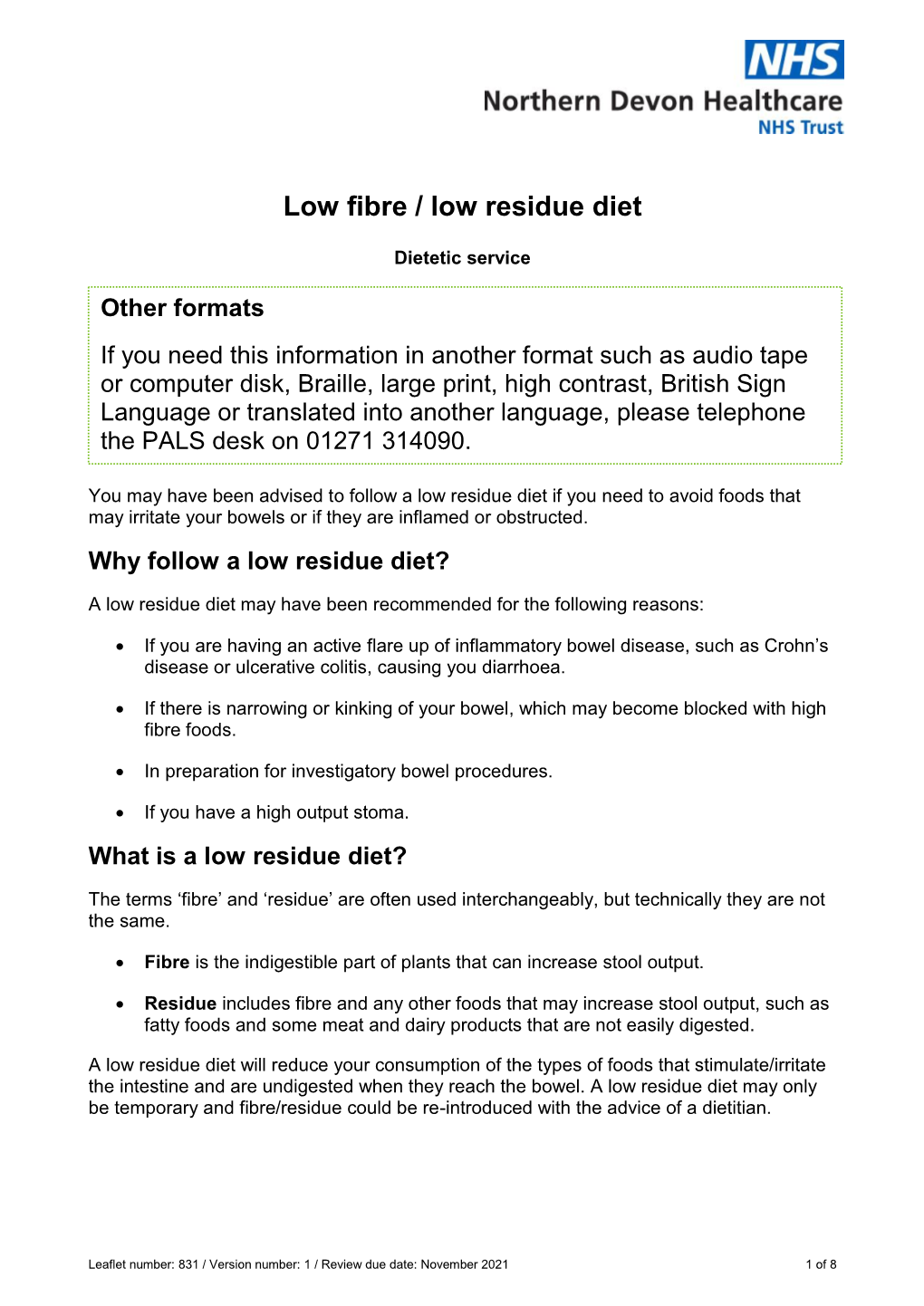 Low Fibre / Low Residue Diet