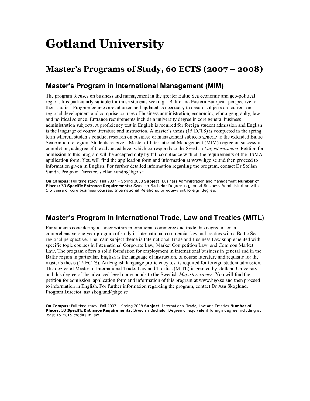 Master S Programs of Study, 60 ECTS (2007 2008)