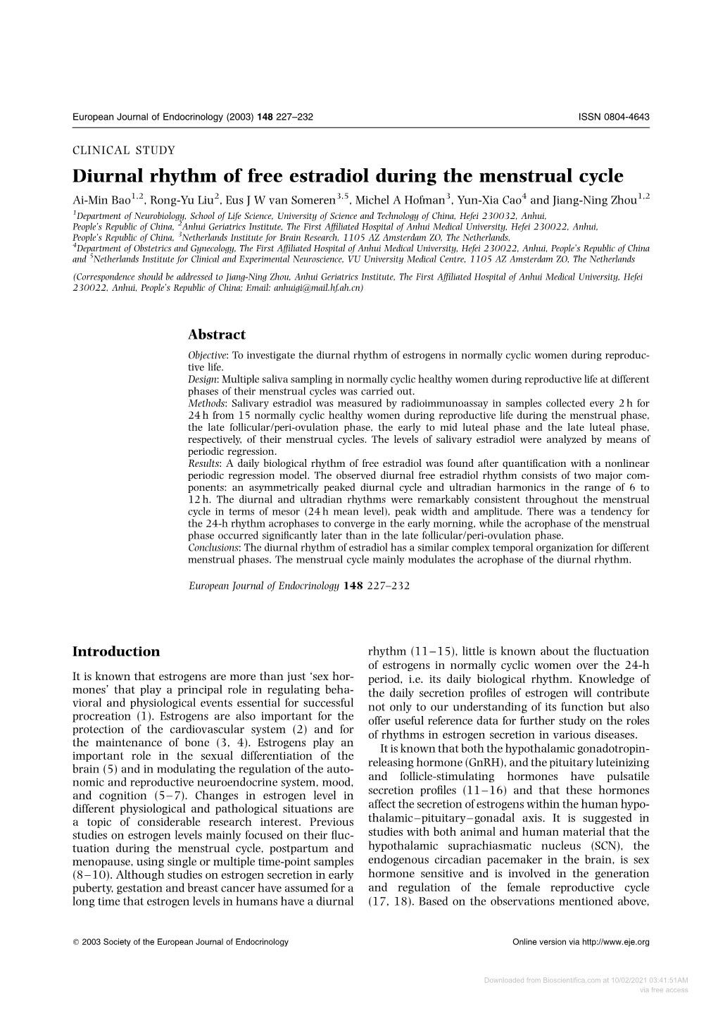 Diurnal Rhythm of Free Estradiol During the Menstrual Cycle