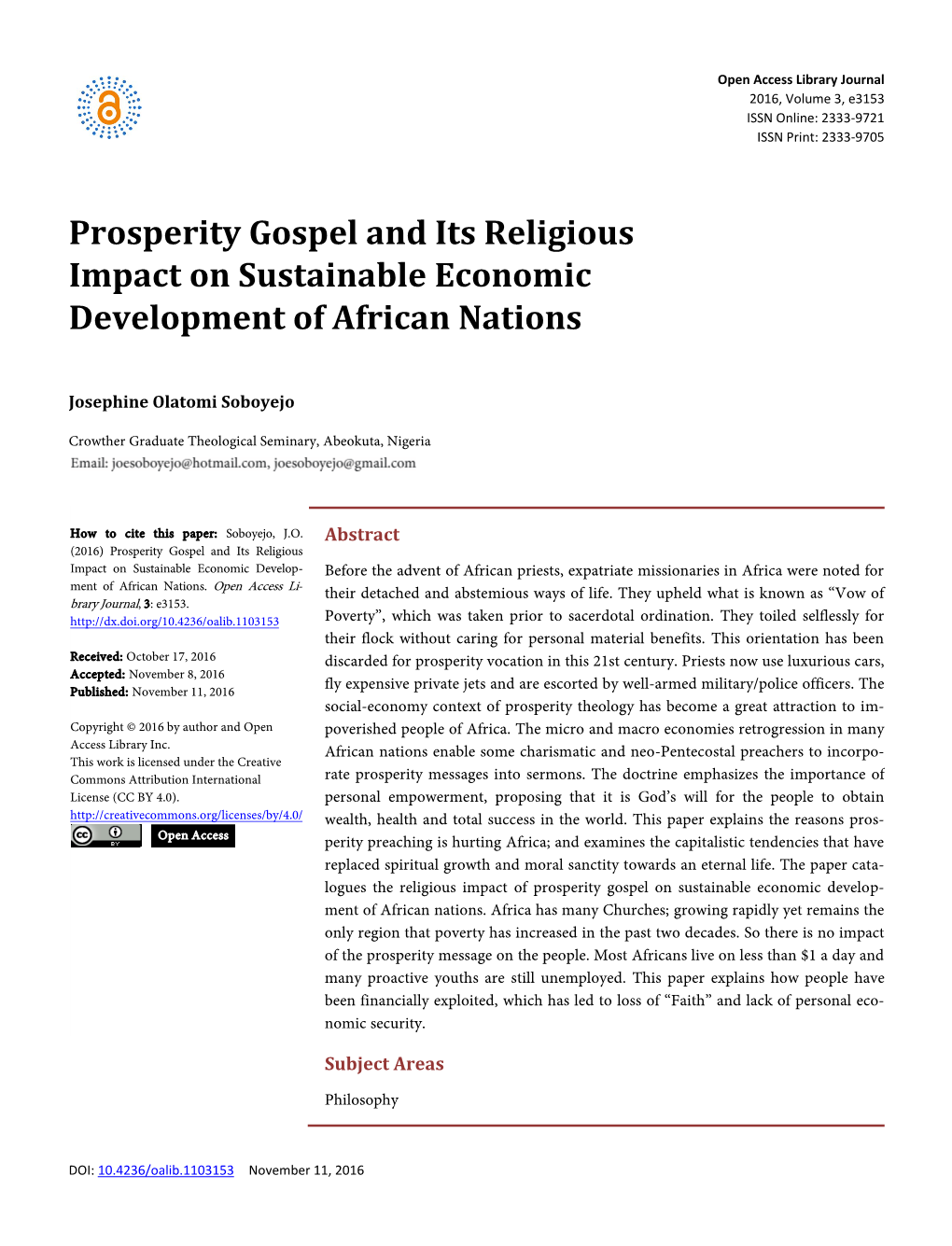 Prosperity Gospel and Its Religious Impact on Sustainable Economic Development of African Nations