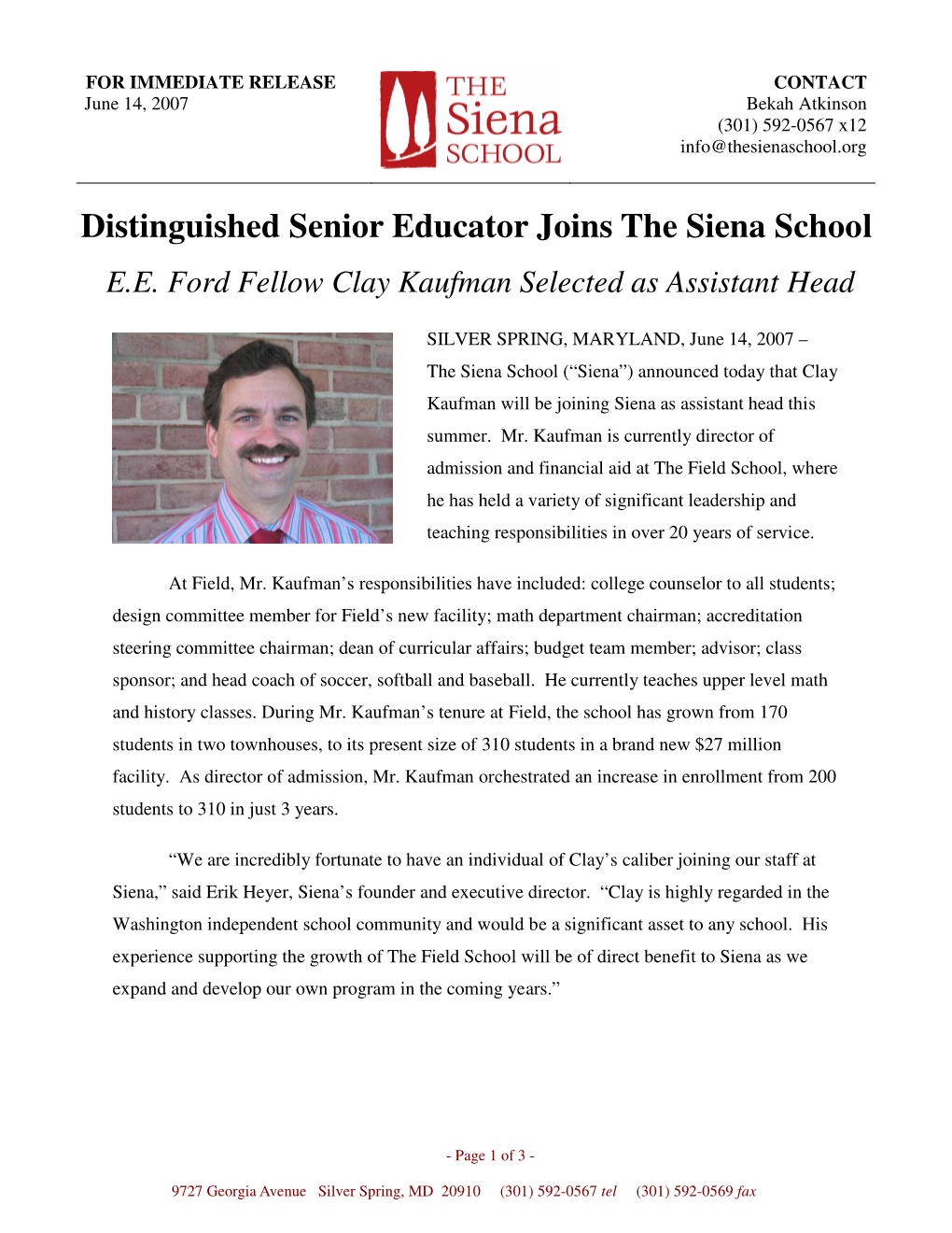 Distinguished Senior Educator Joins the Siena School E.E