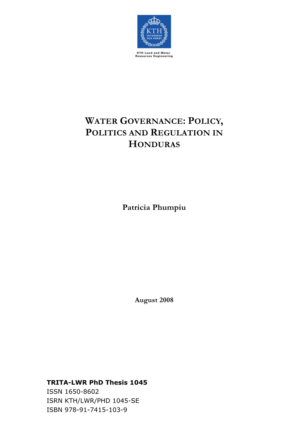 Water Governance: Policy, Politics and Regulation in Honduras