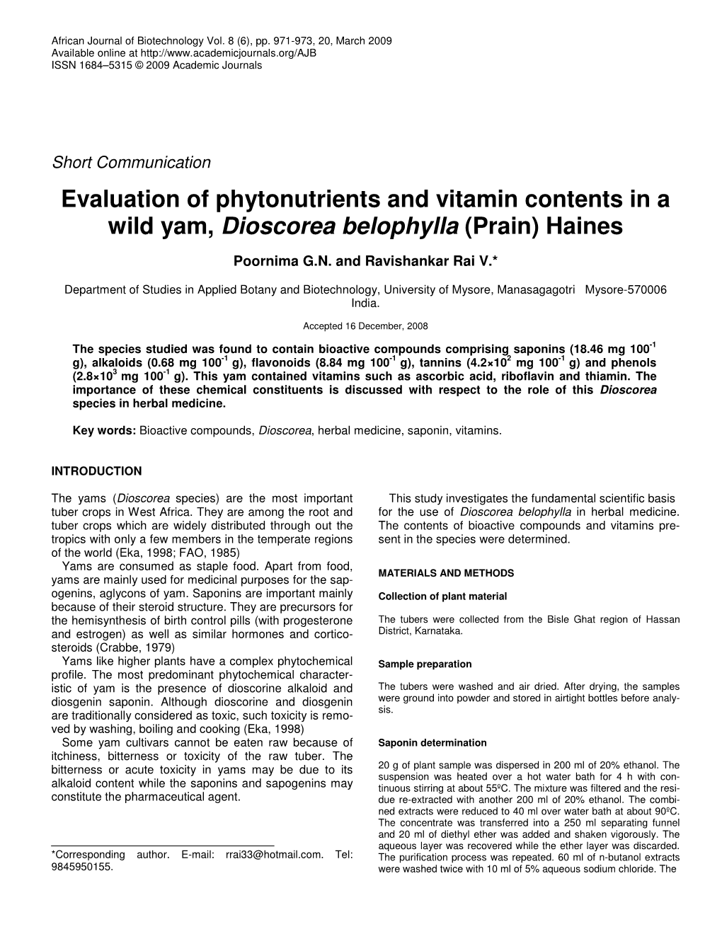 Evaluation of Phytonutrients and Vitamin Contents in a Wild Yam, Dioscorea Belophylla (Prain) Haines