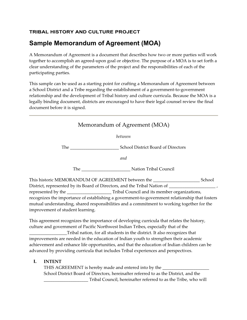 Toolkit: Sample Memorandum Of Agreement