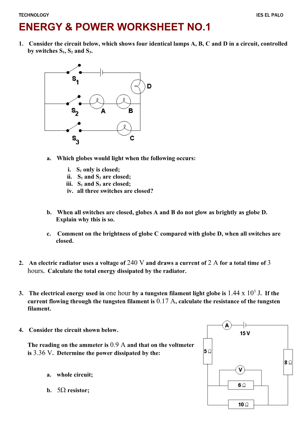 Energy & Power Worksheet No.1