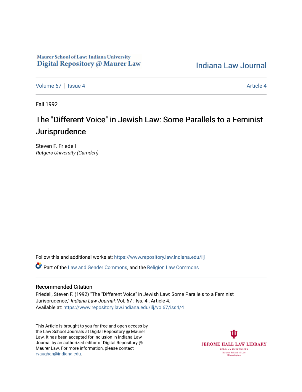 In Jewish Law: Some Parallels to a Feminist Jurisprudence