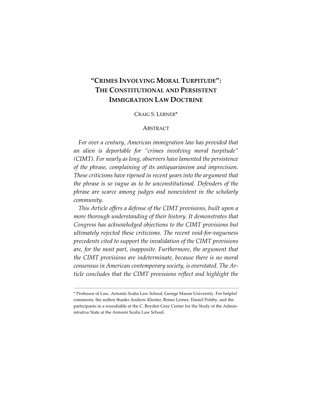 Crimes Involving Moral Turpitude”: the Constitutional and Persistent Immigration Law Doctrine