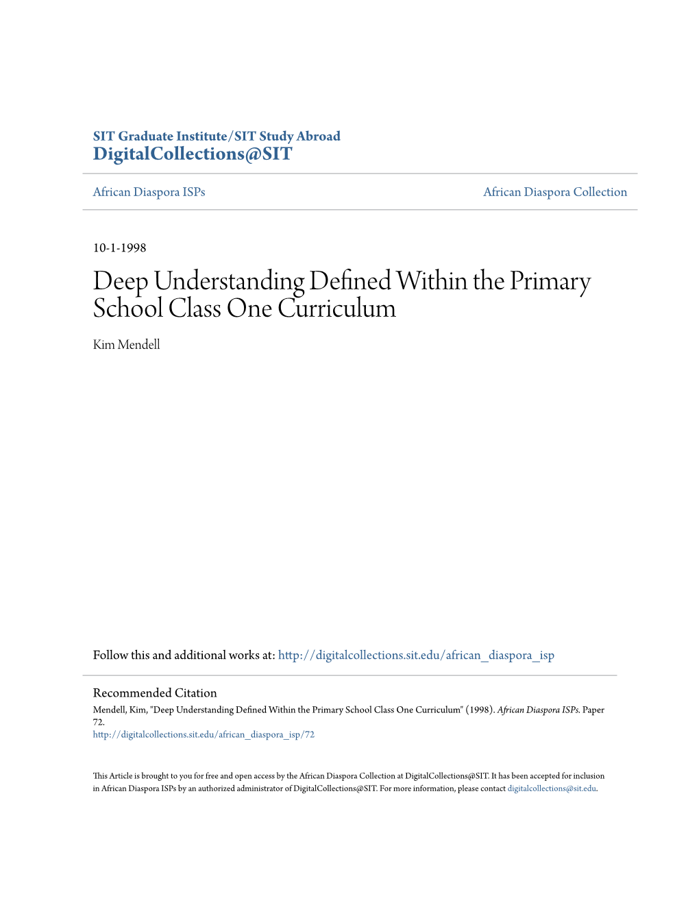 Deep Understanding Defined Within the Primary School Class One Curriculum" (1998)