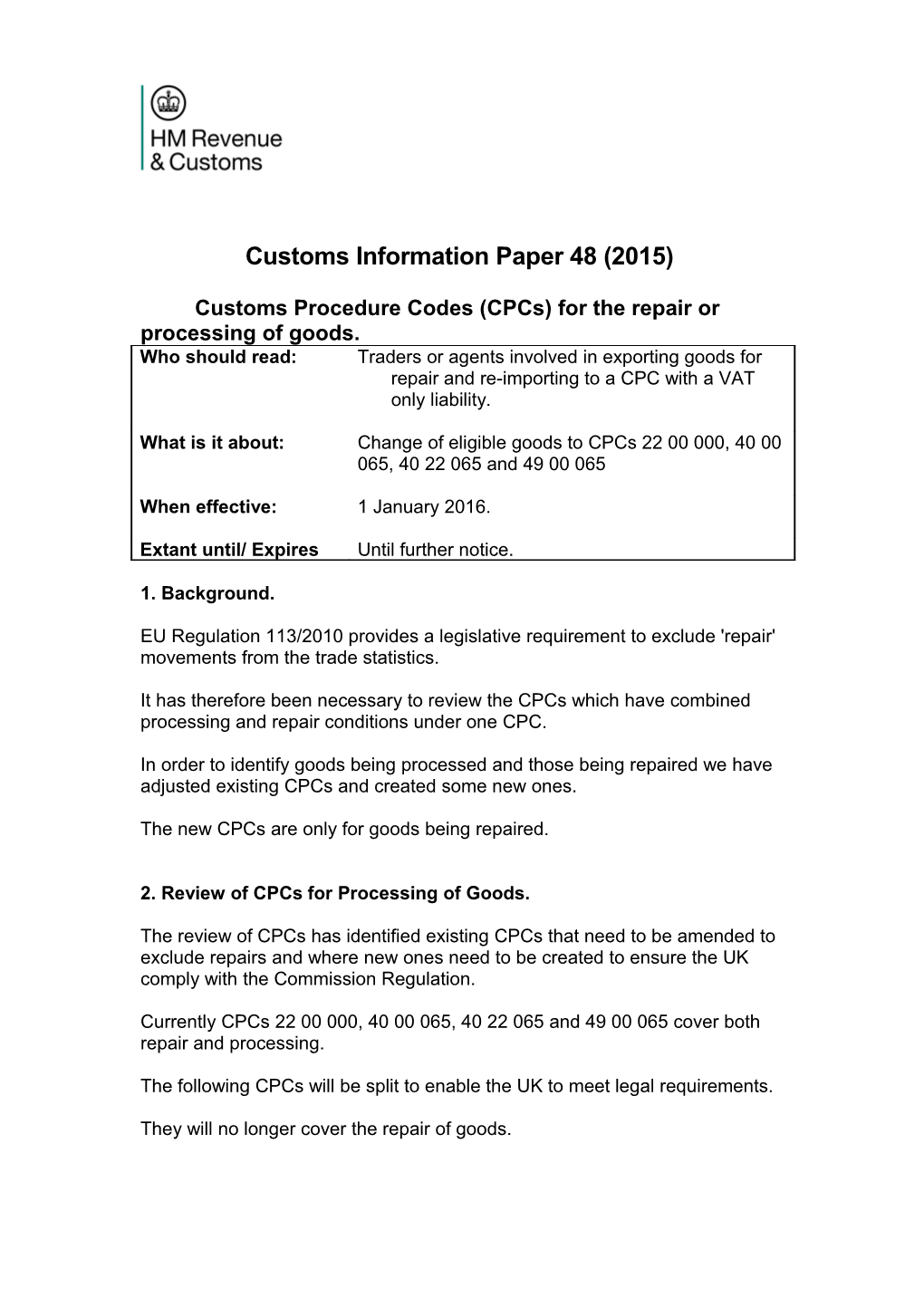 Customs Information Paper 48 (2015)