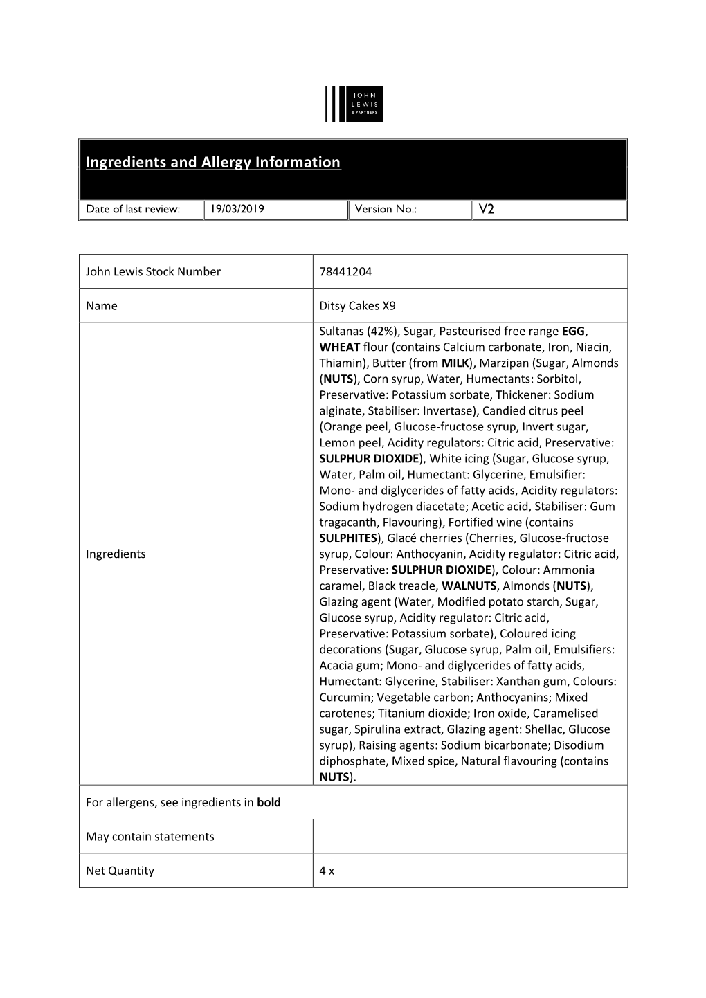 Ingredients and Allergy Information