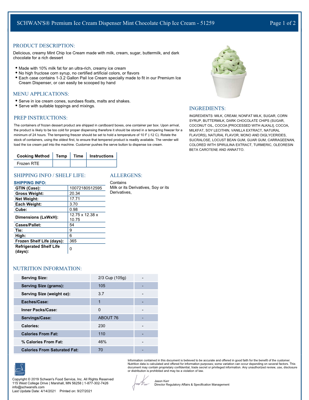 SCHWAN's® Premium Ice Cream Dispenser Mint Chocolate Chip Ice Cream - 51259 Page 1 of 2