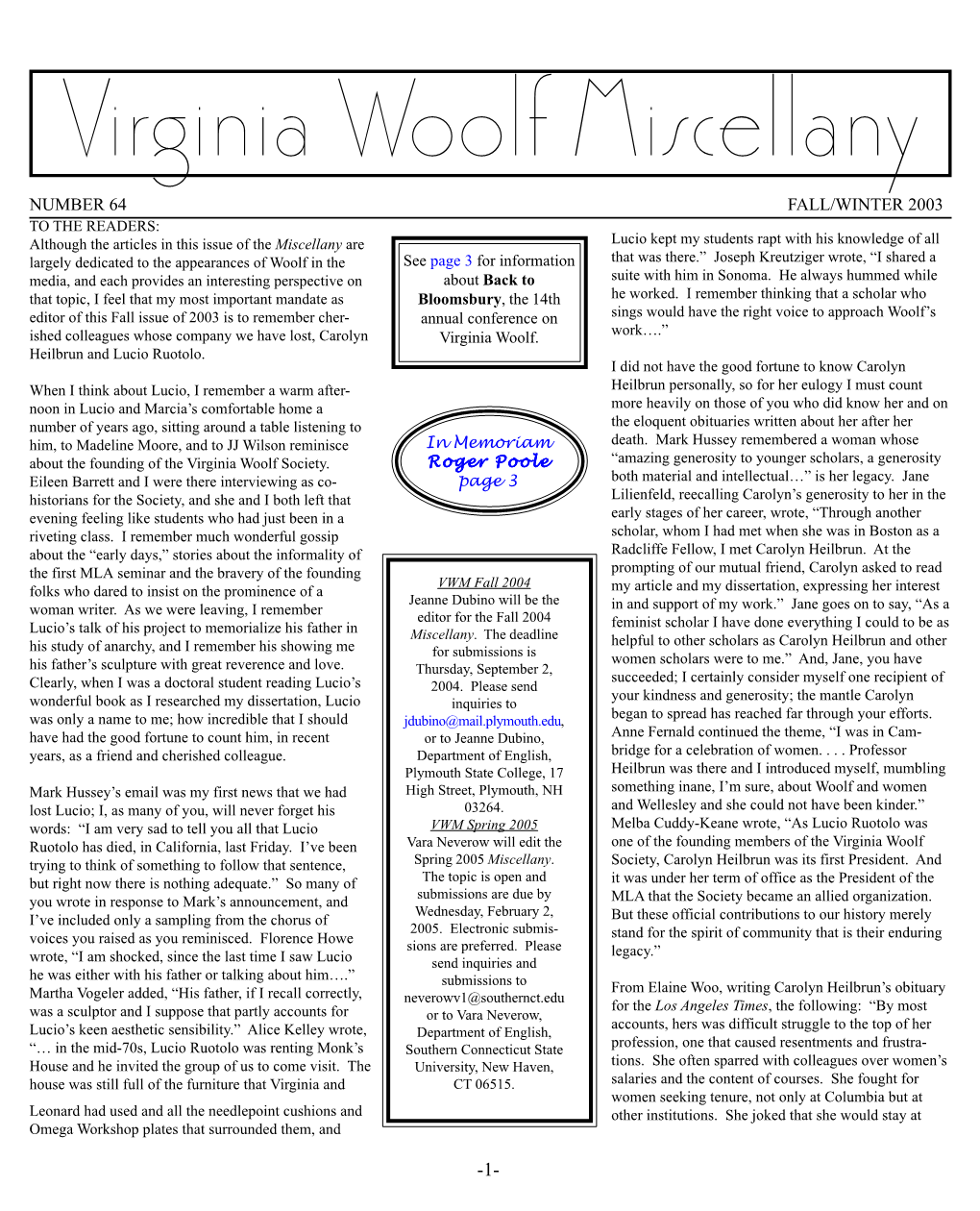 Virginia Woolf Miscellany, Issue 64, Fall 2003