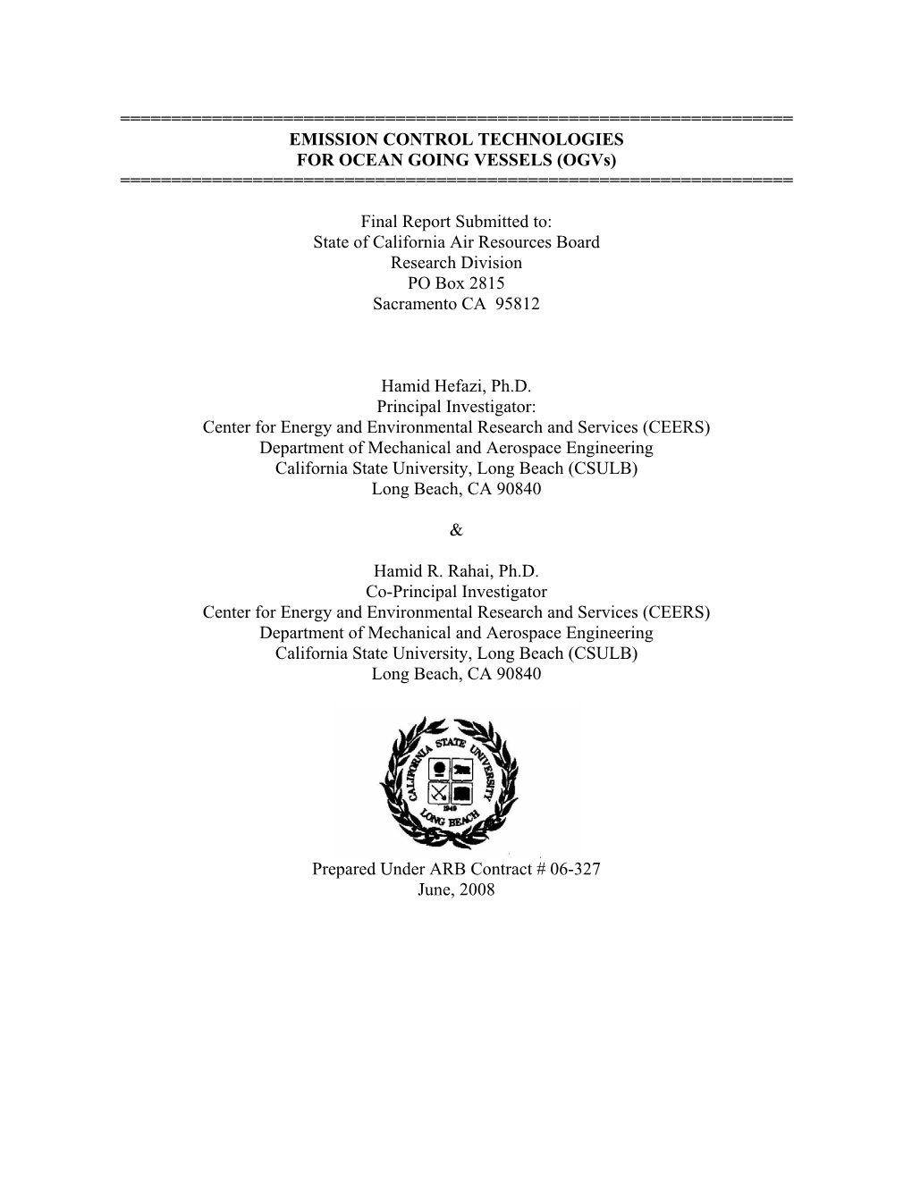 Report: 2008-06-01 Emission Control Technologies for Ocean