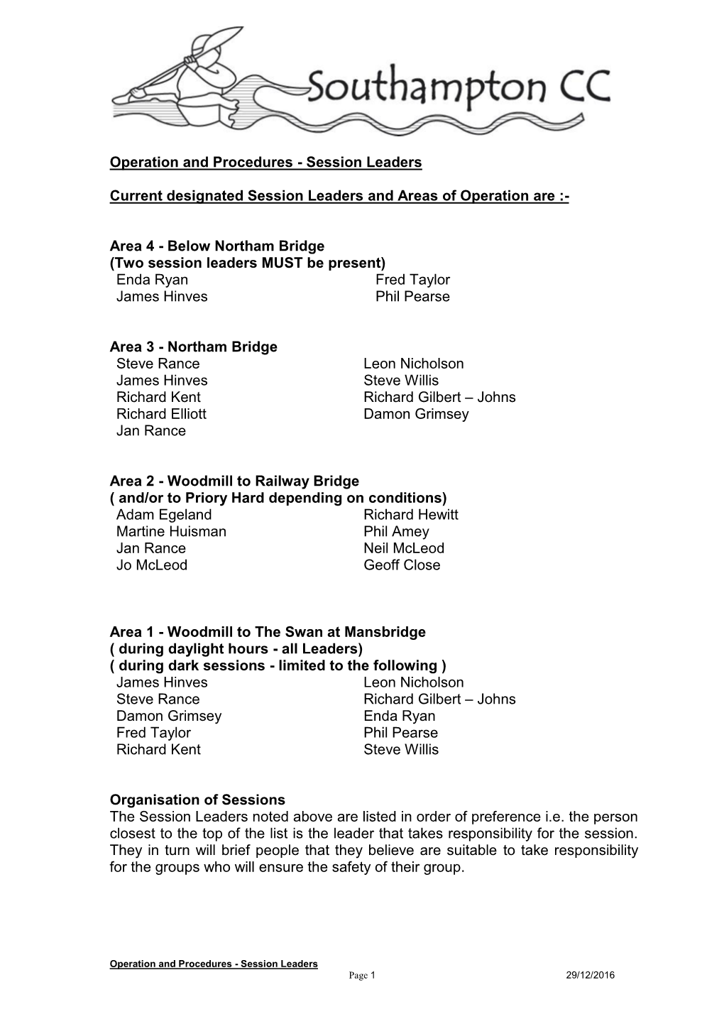 Session Leaders Current Designated Session Leaders and Areas Of