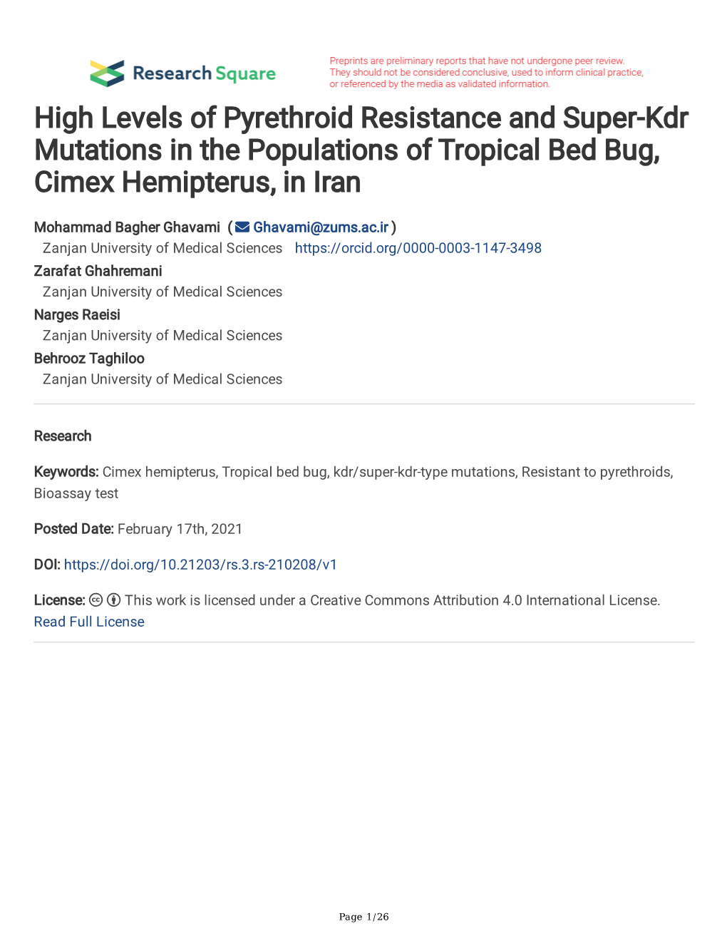 High Levels of Pyrethroid Resistance and Super-Kdr Mutations in the Populations of Tropical Bed Bug, Cimex Hemipterus, in Iran