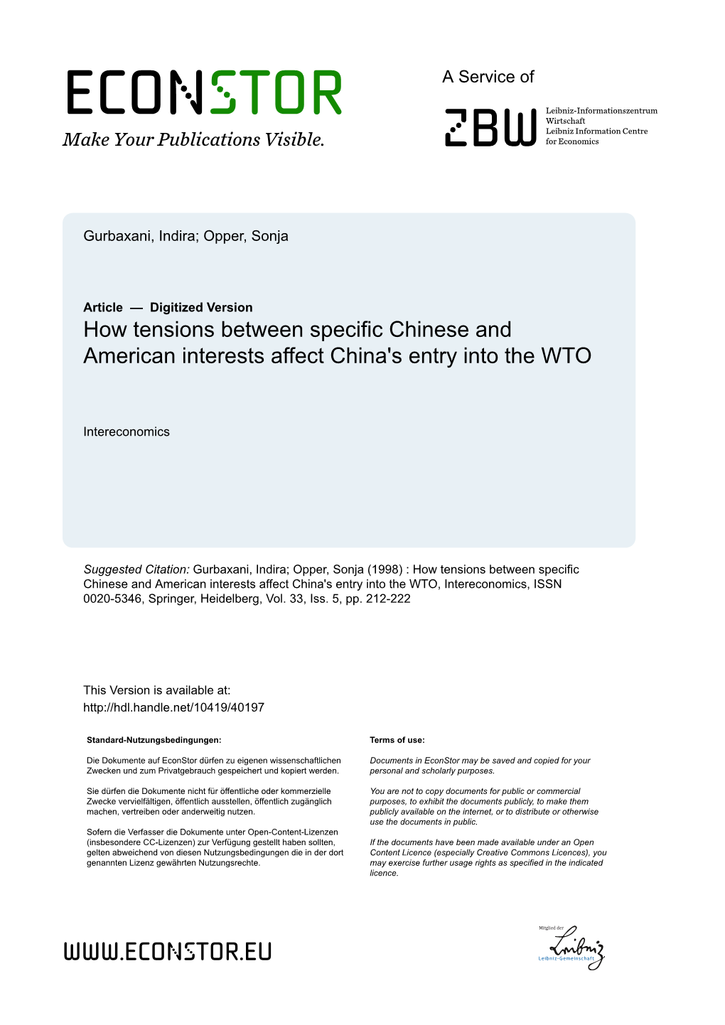 How Tensions Between Specific Chinese and American Interests Affect China's Entry Into the WTO