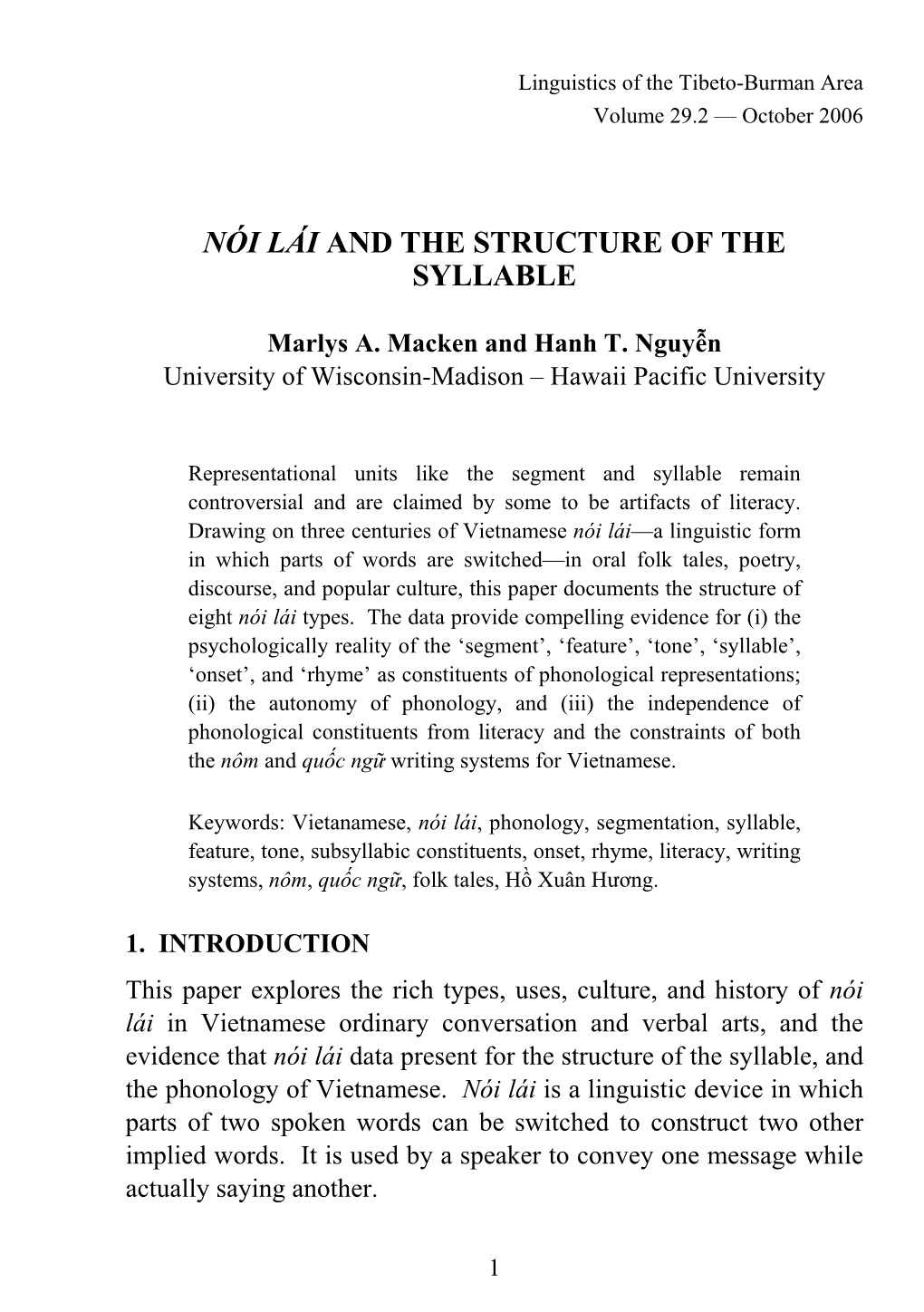 Nói Lái and the Structure of the Syllable