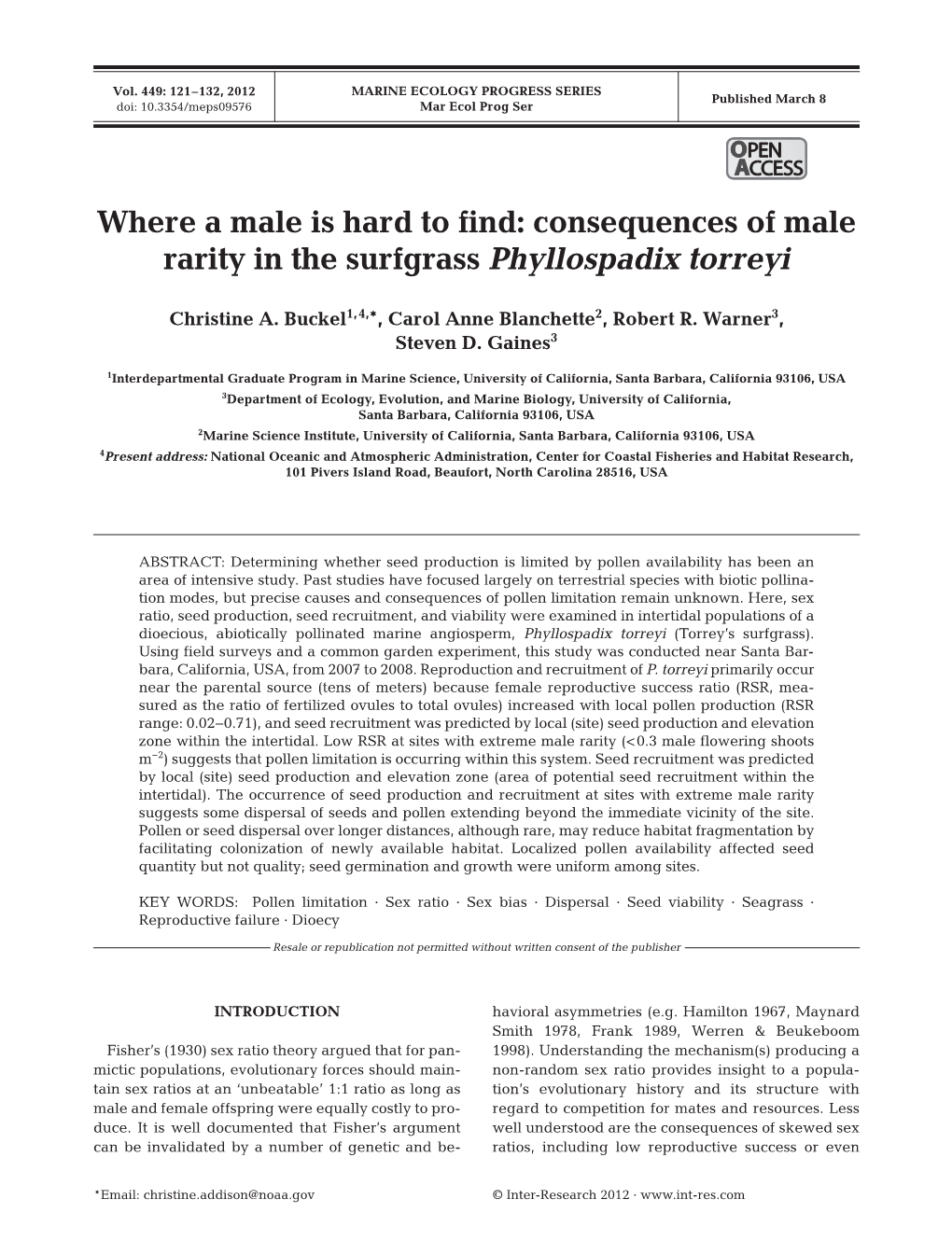 Where a Male Is Hard to Find: Consequences of Male Rarity in the Surfgrass Phyllospadix Torreyi