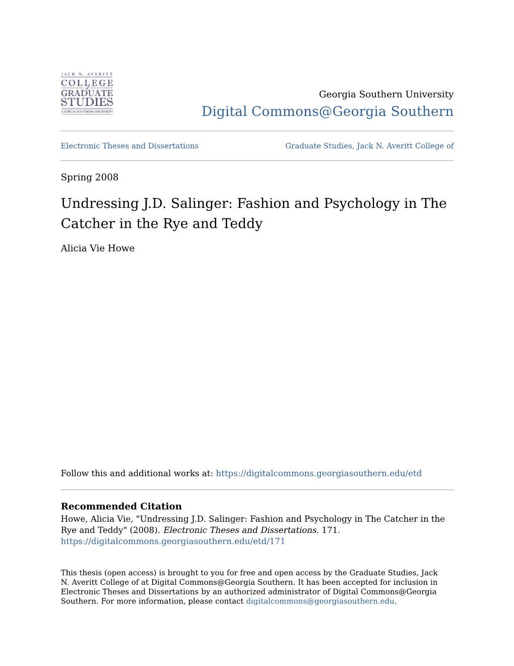 Undressing J.D. Salinger: Fashion and Psychology in the Catcher in the Rye and Teddy