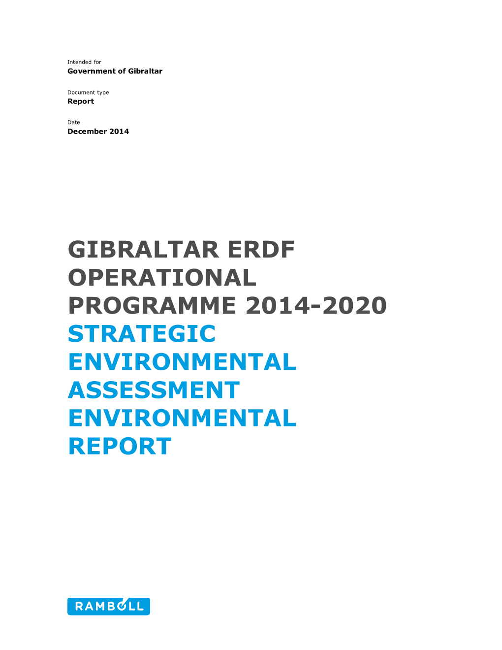 Gibraltar Erdf Operational Programme 2014-2020 Strategic Environmental Assessment Environmental Report