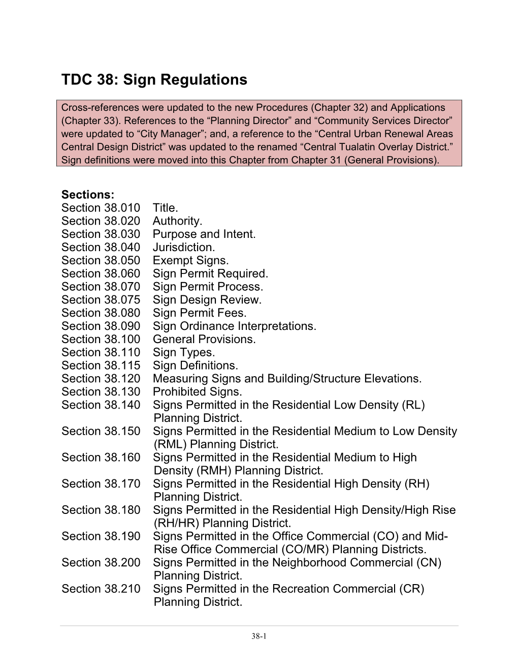 TDC 38: Sign Regulations