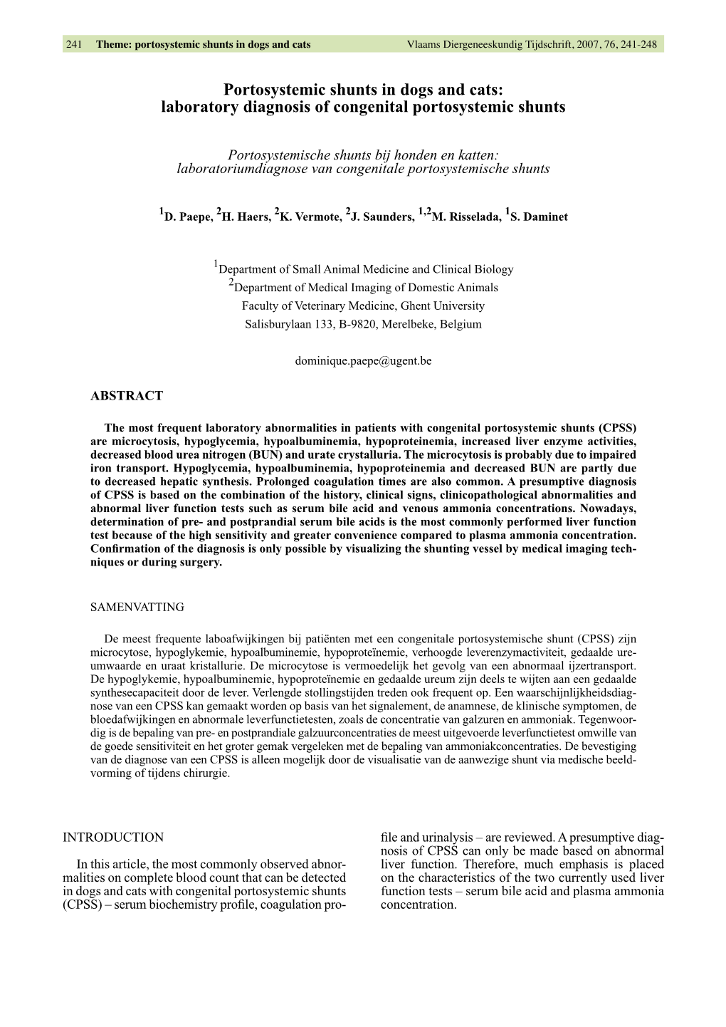 Portosystemic Shunts in Dogs and Cats: Laboratory Diagnosis of Congenital Portosystemic Shunts