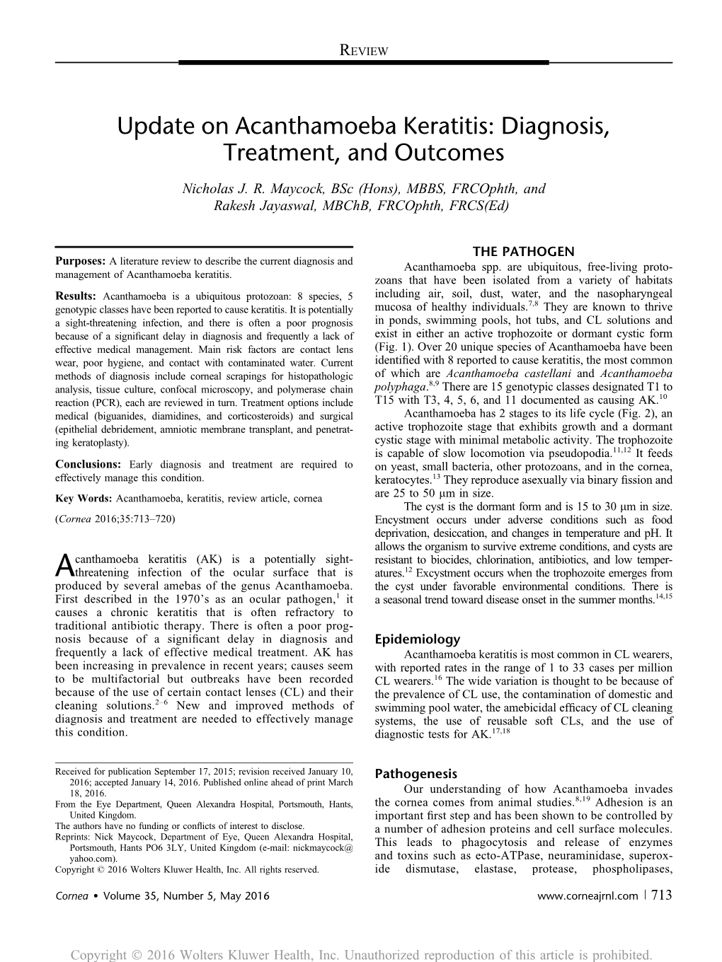 Update on Acanthamoeba Keratitis: Diagnosis, Treatment, and Outcomes