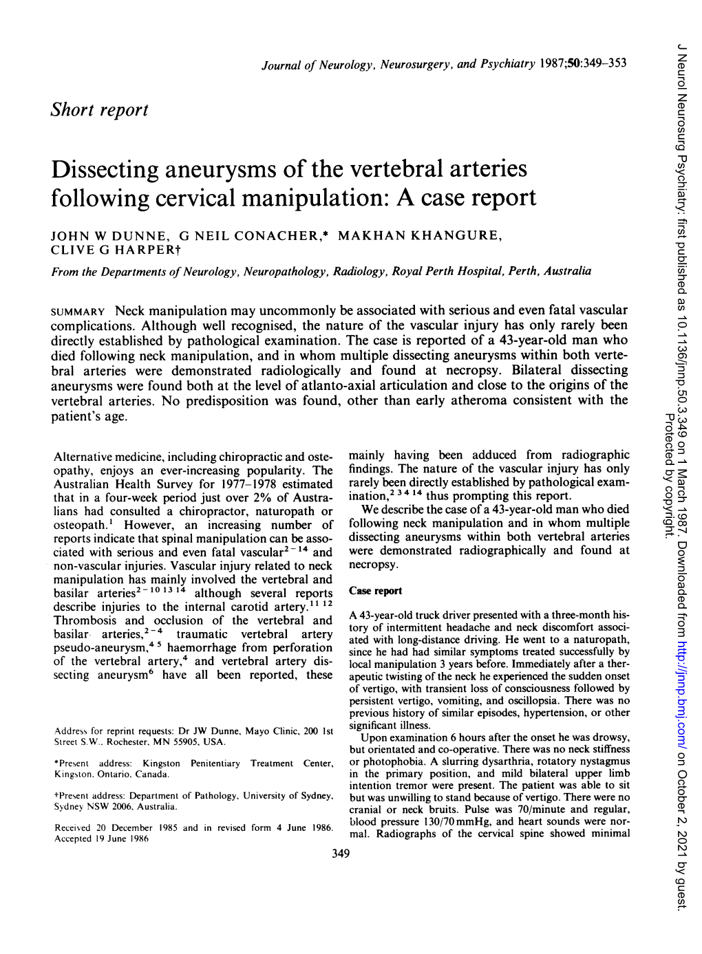 Dissecting Aneurysms of the Vertebral Arteries Following Cervical Manipulation: a Case Report