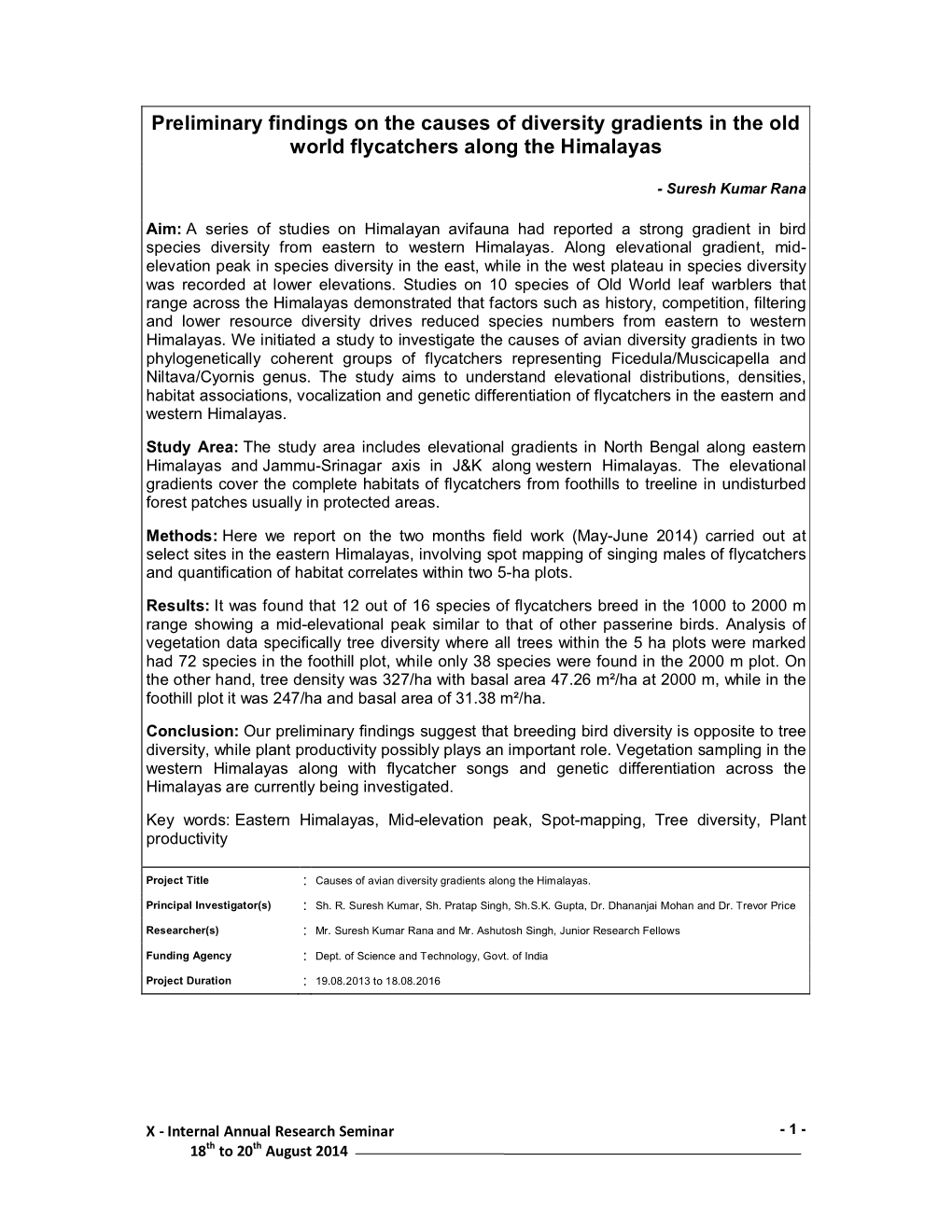 Preliminary Findings on the Causes of Diversity Gradients in the Old World Flycatchers Along the Himalayas