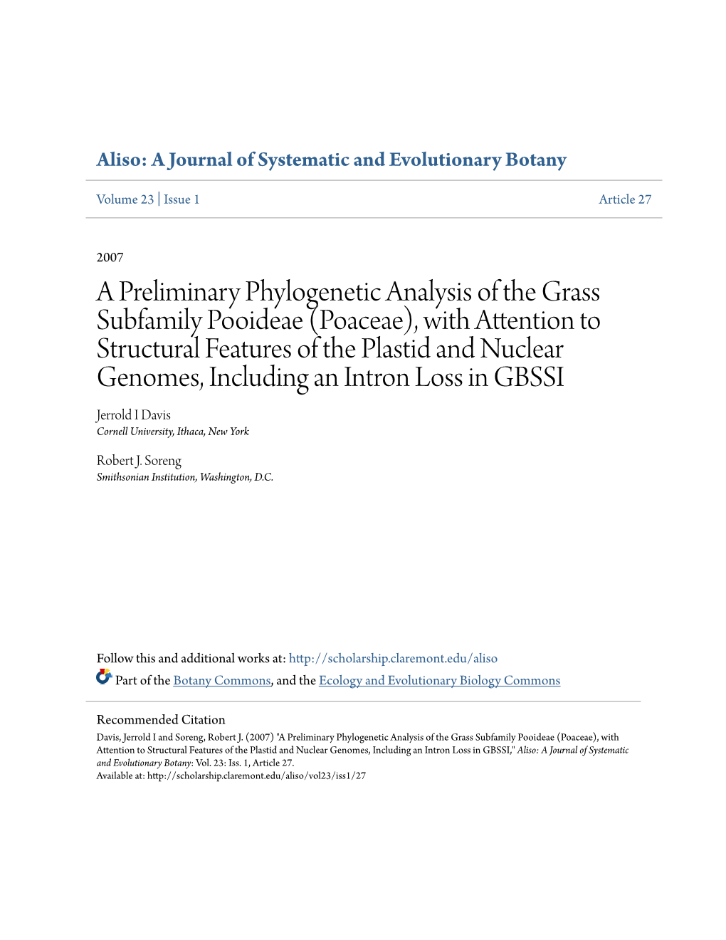 A Preliminary Phylogenetic Analysis of the Grass Subfamily Pooideae