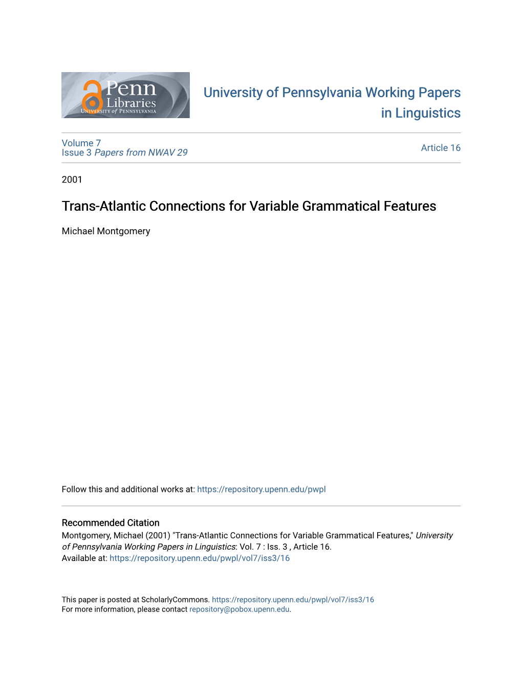 Trans-Atlantic Connections for Variable Grammatical Features