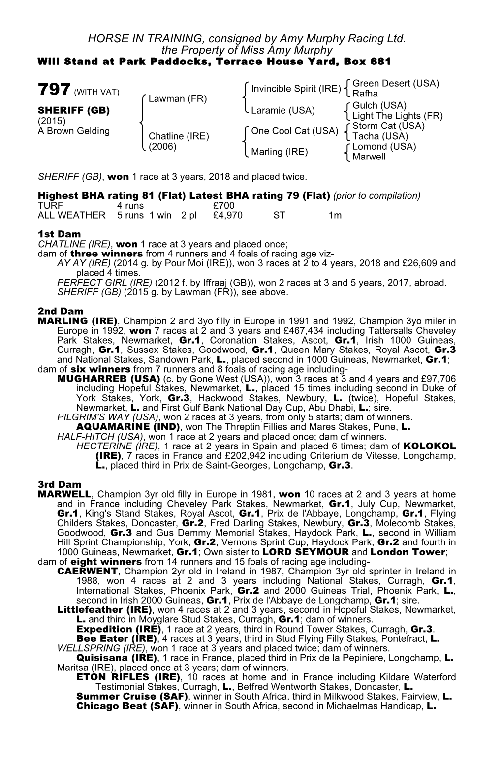 HORSE in TRAINING, Consigned by Amy Murphy Racing Ltd. the Property of Miss Amy Murphy Will Stand at Park Paddocks, Terrace House Yard, Box 681