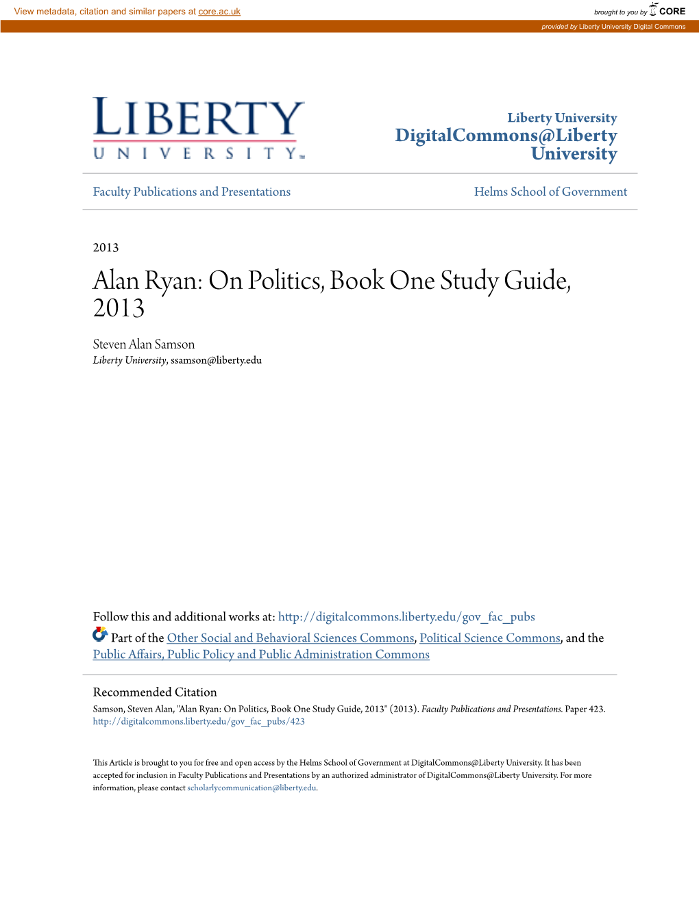 On Politics, Book One Study Guide, 2013 Steven Alan Samson Liberty University, Ssamson@Liberty.Edu