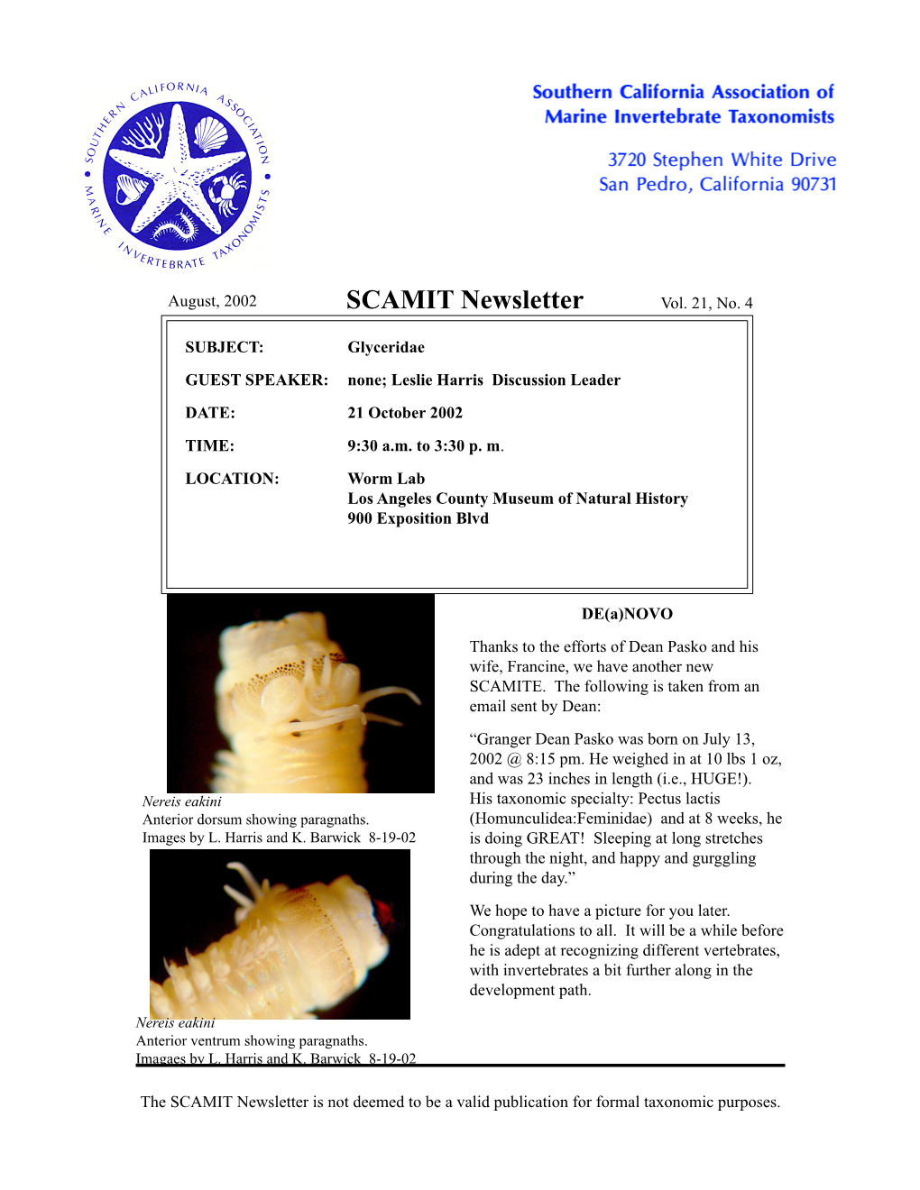 SCAMIT Newsletter Vol. 21 No. 4 2002 August