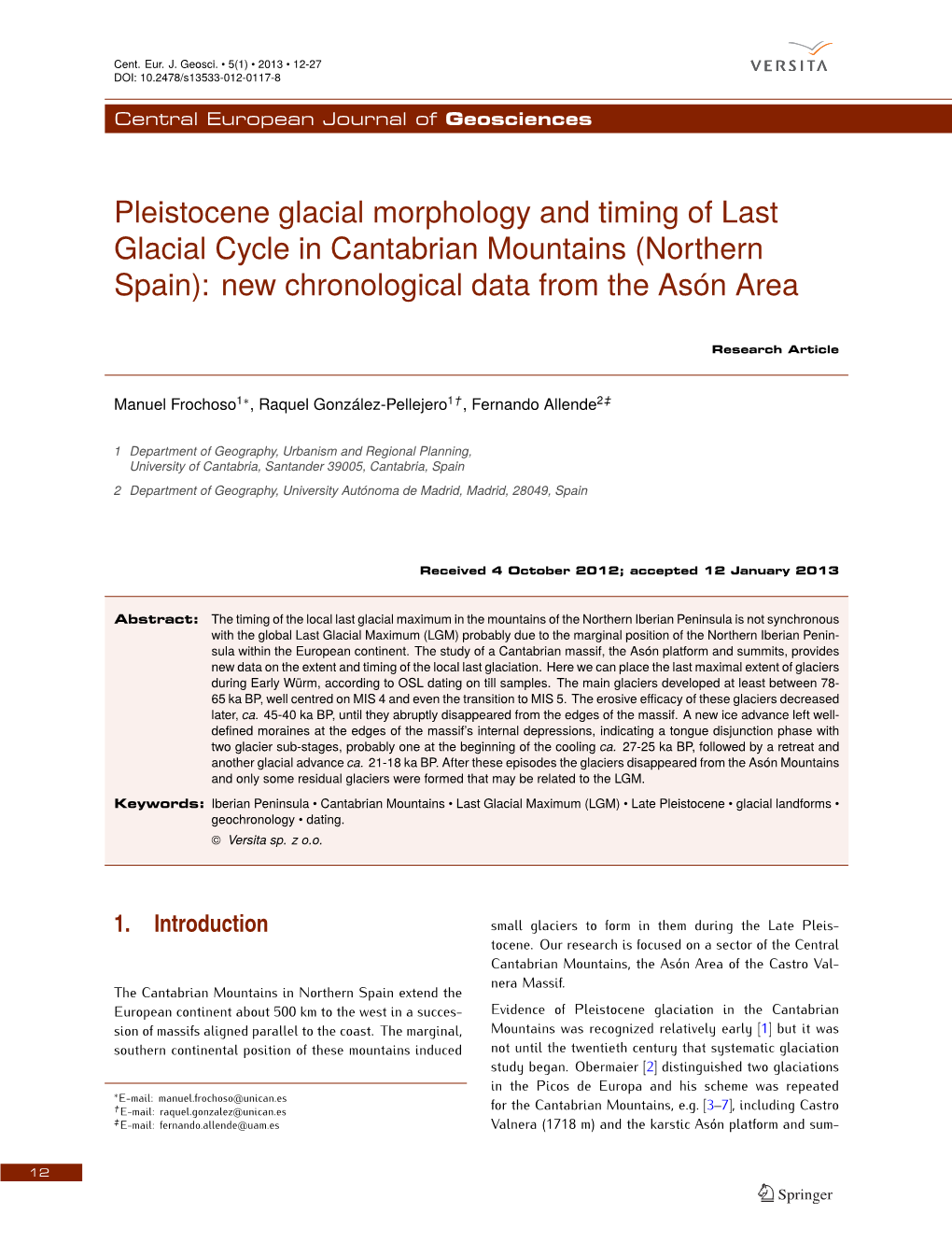 Pleistocene Glacial Morphology and Timing of Last Glacial Cycle in Cantabrian Mountains (Northern Spain): New Chronological Data from the Asón Area