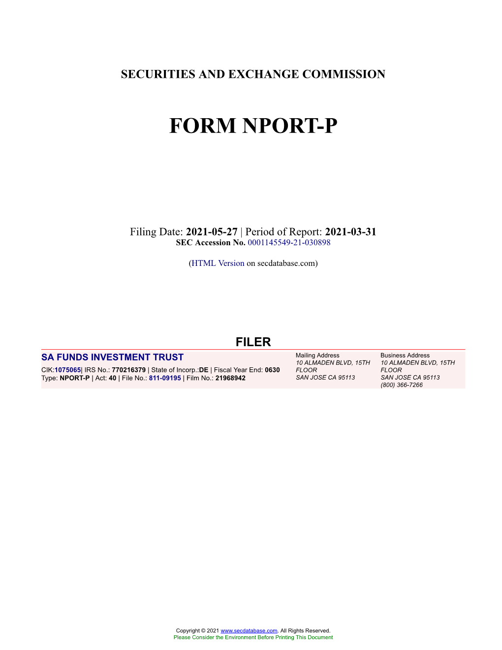 SA FUNDS INVESTMENT TRUST Form NPORT-P Filed 2021-05-27