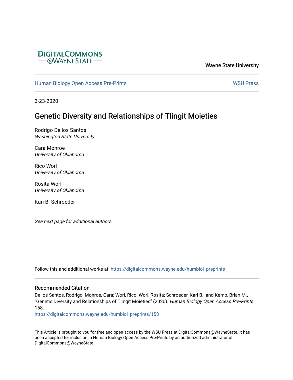 Genetic Diversity and Relationships of Tlingit Moieties