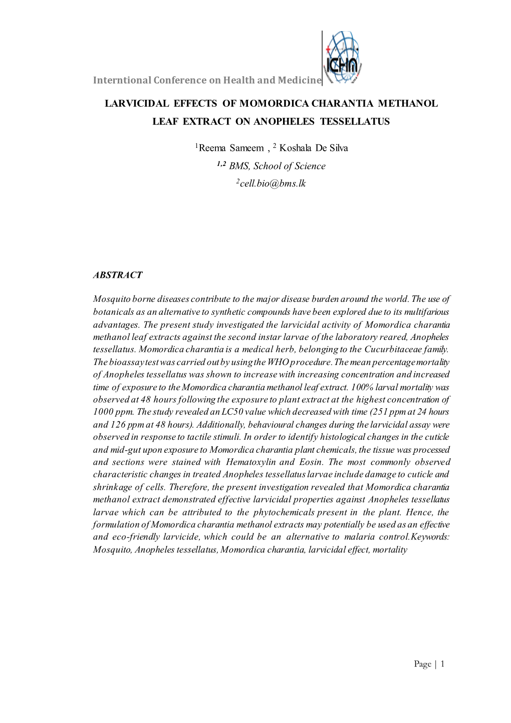 Larvicidal Effects of Momordica Charantia Methanol Leaf Extract on Anopheles Tessellatus