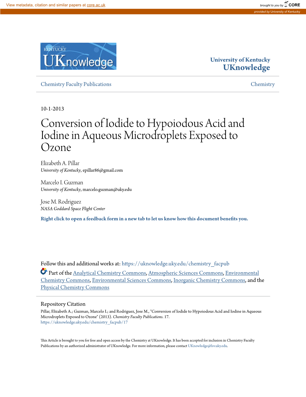 Conversion of Iodide to Hypoiodous Acid and Iodine in Aqueous Microdroplets Exposed to Ozone Elizabeth A