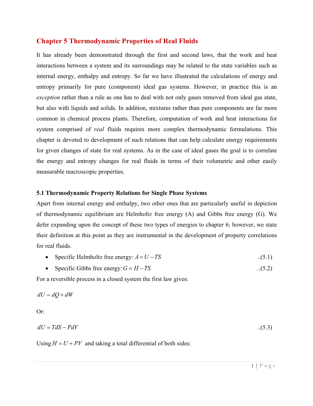 Chapter 5 Thermodynamic Properties of Real Fluids