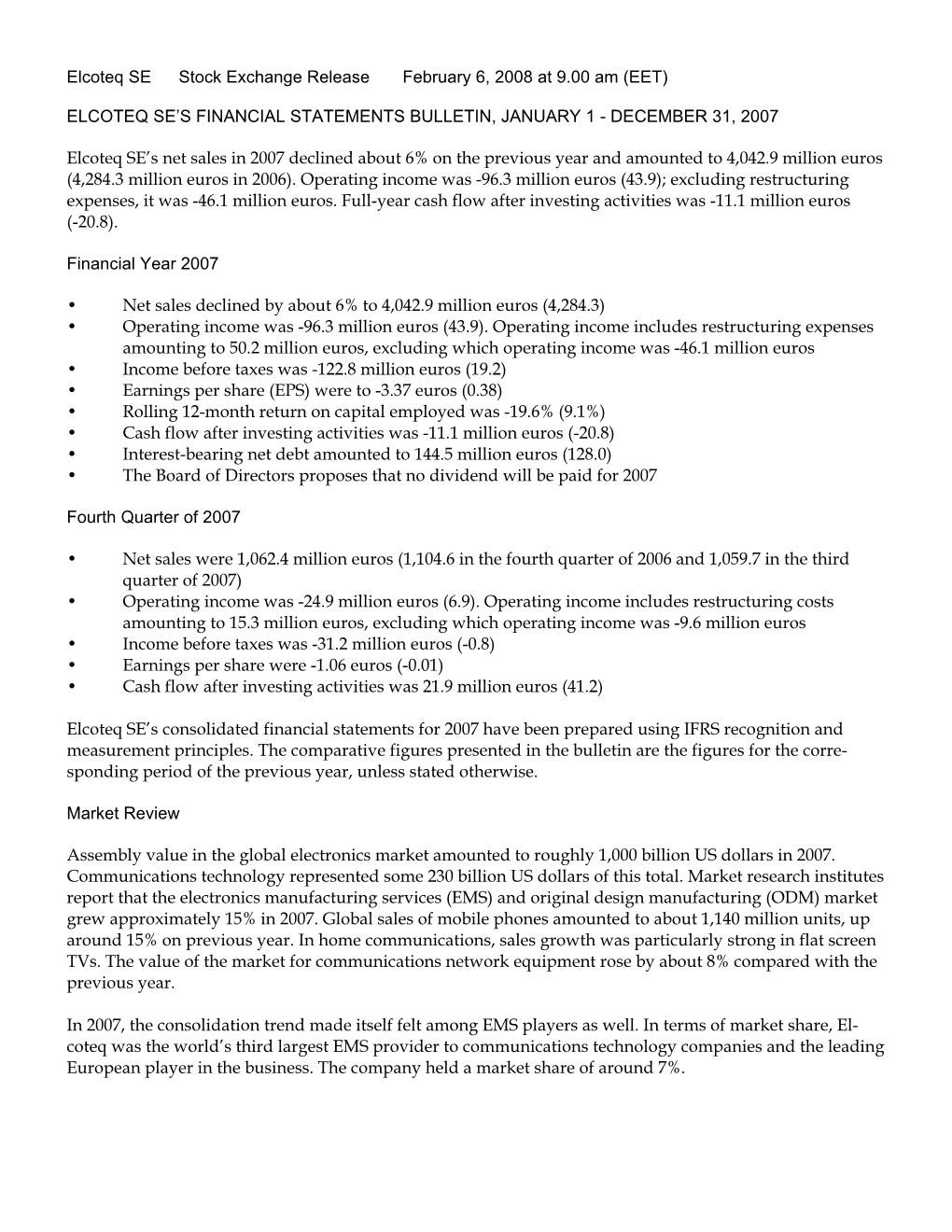 Elcoteq Se's Financial Statements Bulletin