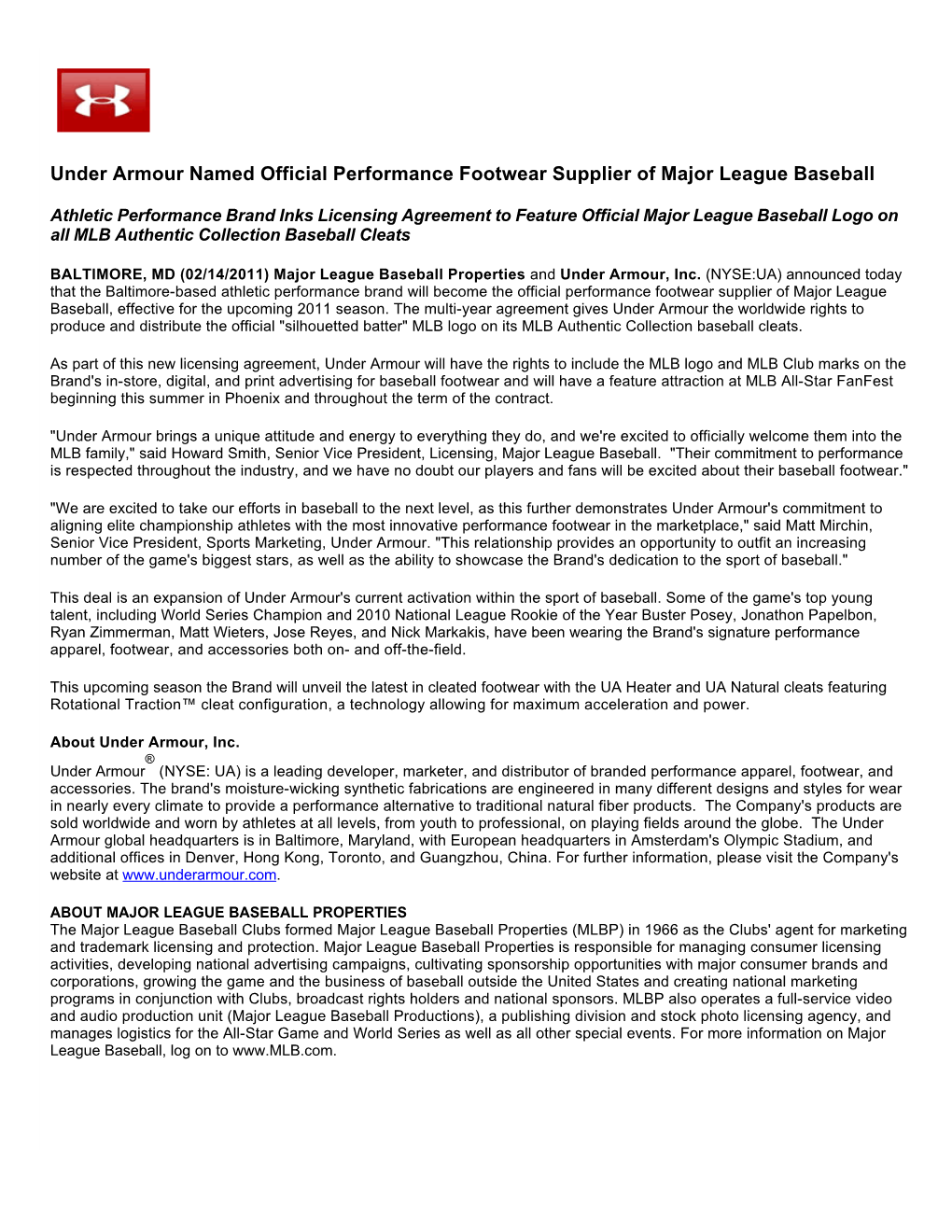 Under Armour Named Official Performance Footwear Supplier of Major League Baseball