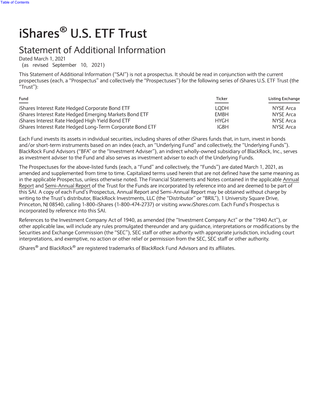 Ishares U.S. ETF Trust (The “Trust”)