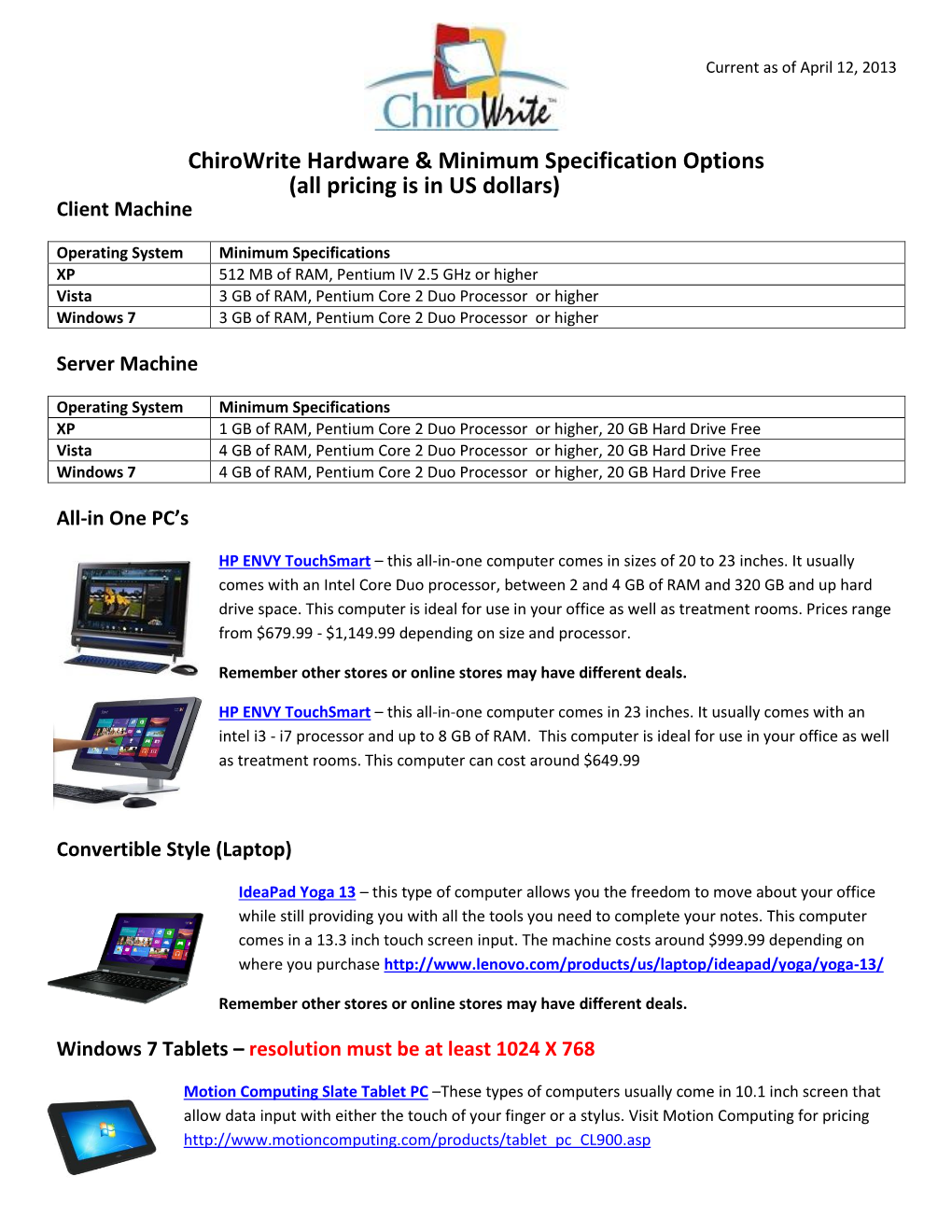 Chirowrite Hardware & Minimum Specification Options (All Pricing Is in US Dollars)
