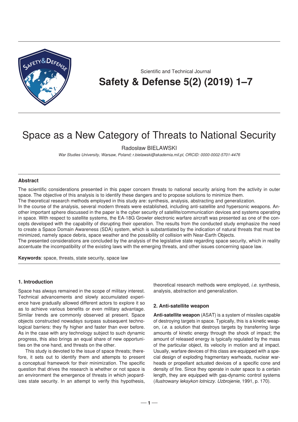 Space As a New Category of Threats to National Security