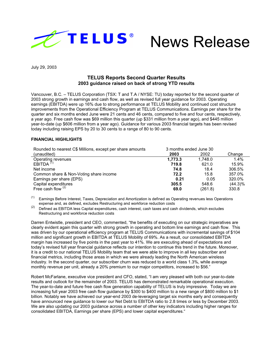 TELUS Consolidated MD&A Q4 2001