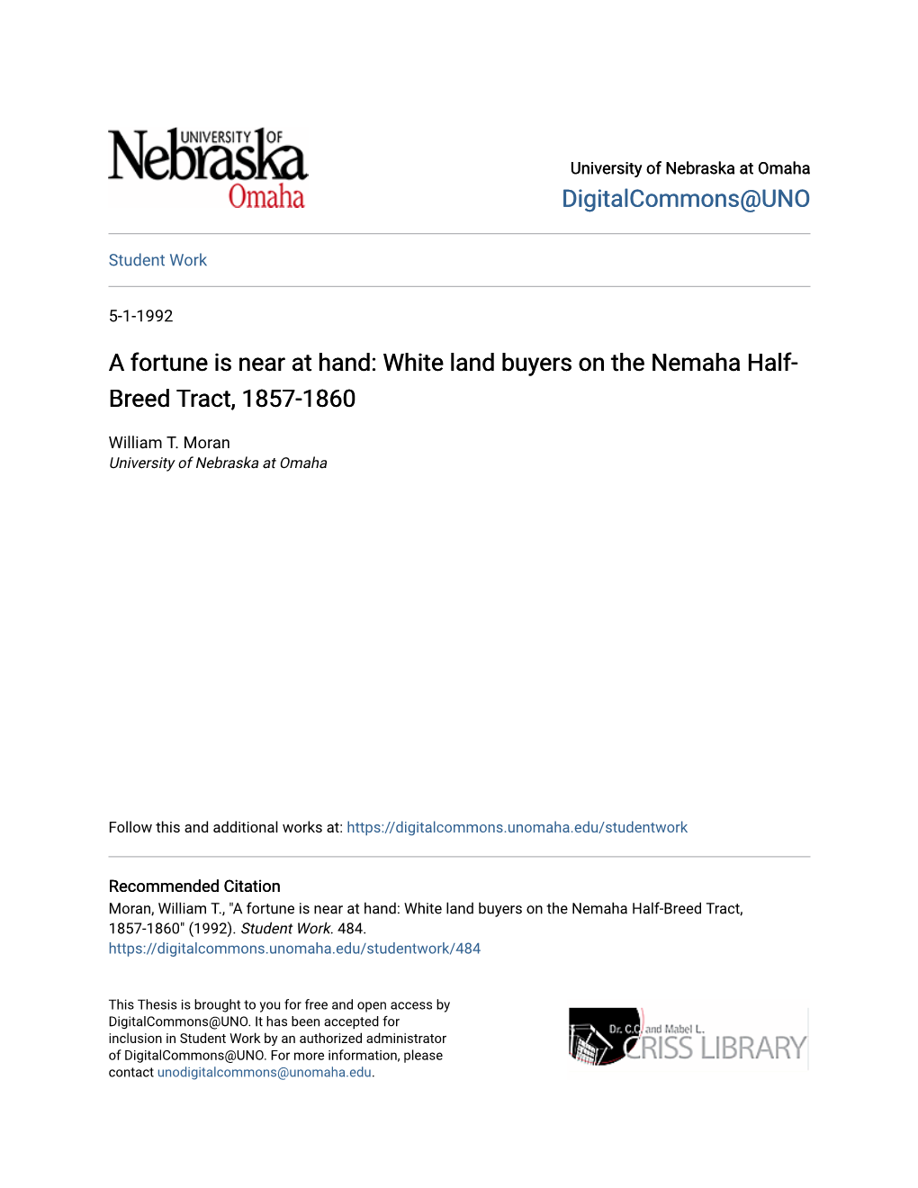 A Fortune Is Near at Hand: White Land Buyers on the Nemaha Half-Breed Tract, 1857-1860" (1992)