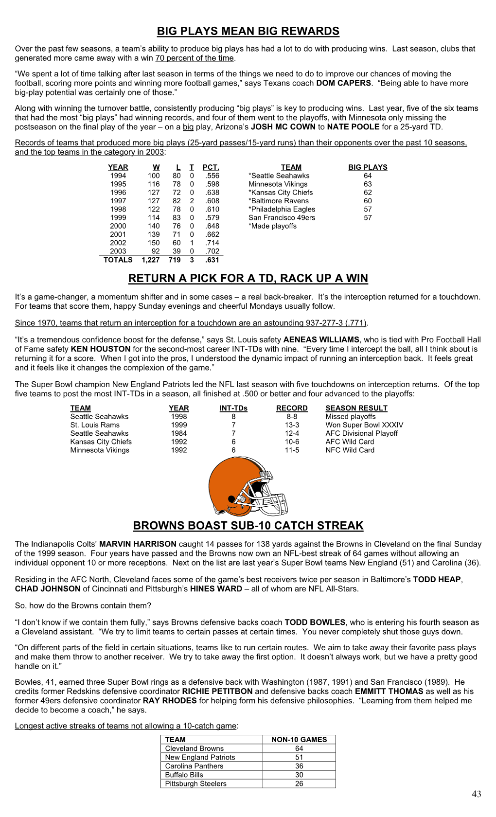 BIG PLAYS MEAN BIG REWARDS Over the Past Few Seasons, a Team’S Ability to Produce Big Plays Has Had a Lot to Do with Producing Wins