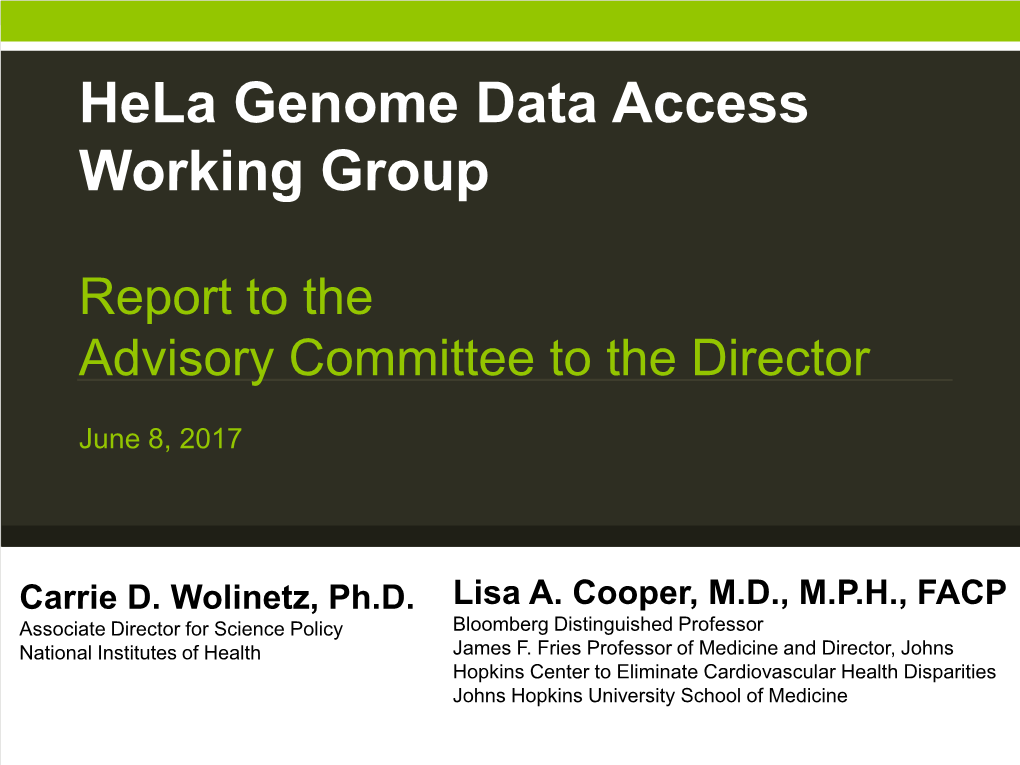 Hela Genome Data Access Working Group: Report to the Advisory