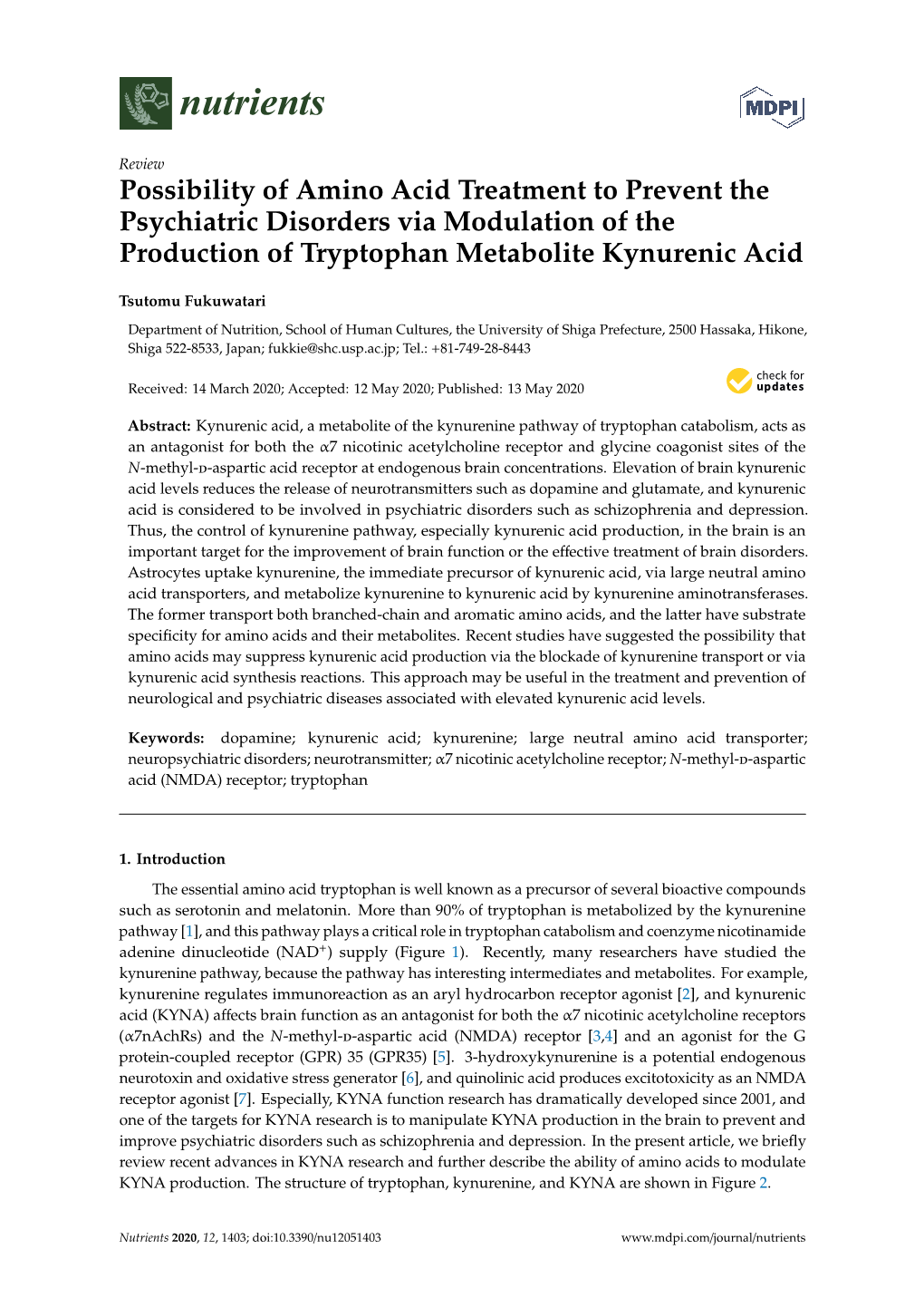 Possibility of Amino Acid Treatment to Prevent the Psychiatric Disorders Via Modulation of the Production of Tryptophan Metabolite Kynurenic Acid